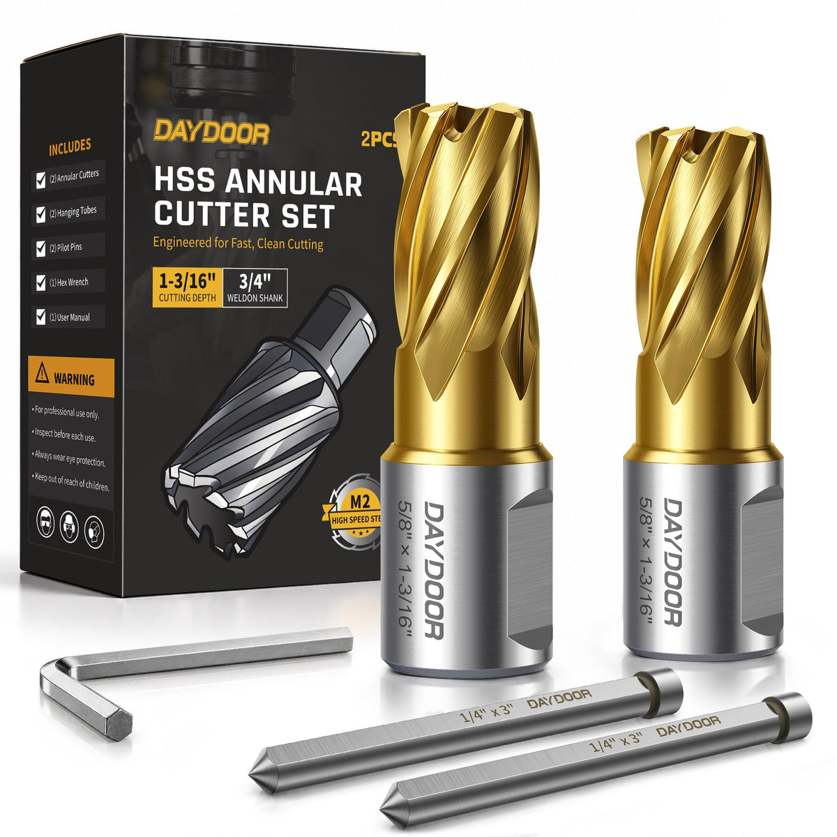 DAYDOOR 5/8" HSS Annular Cutter, TiN Coated, 1-3/16'' Cutting Depth, 2pcs