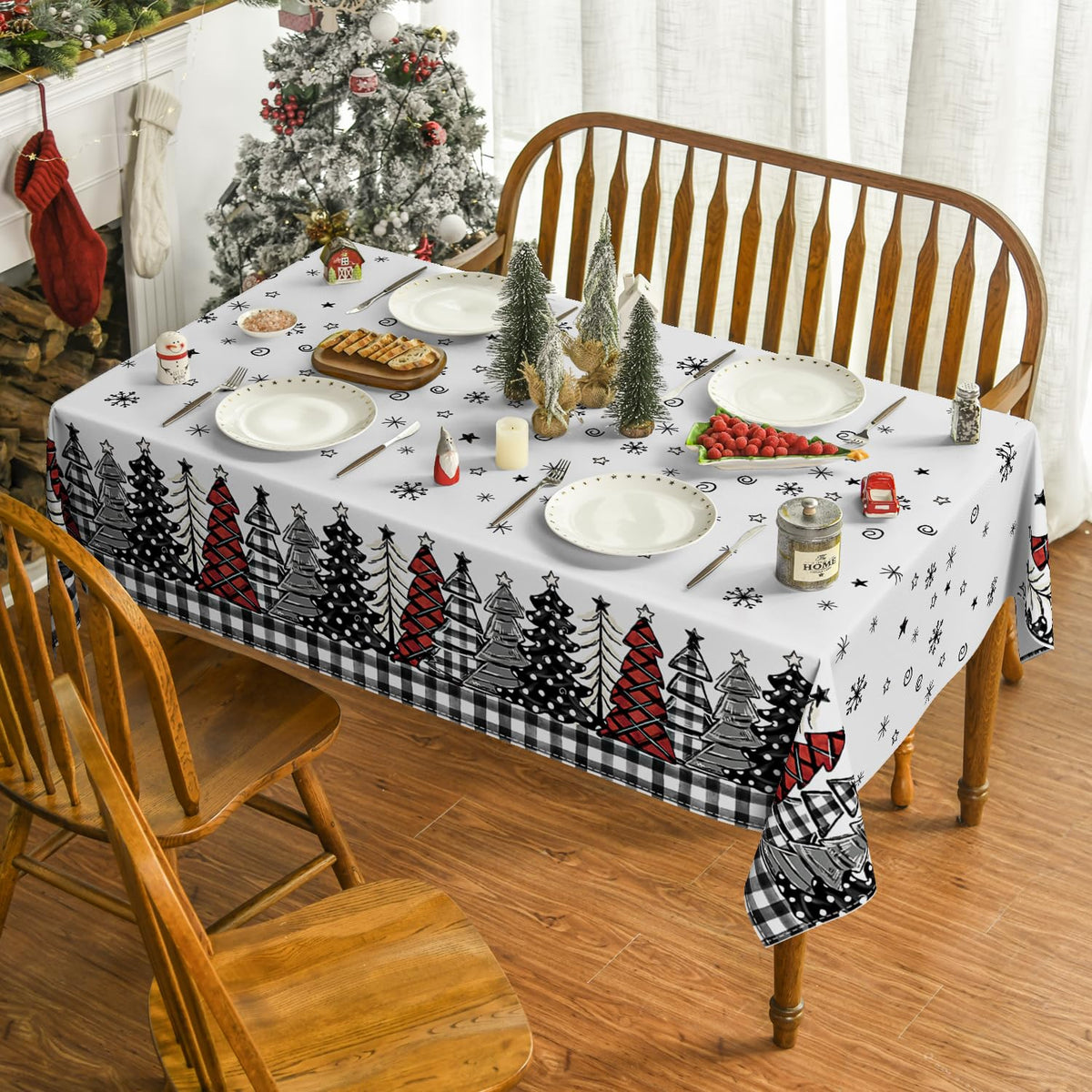 Christmas Tablecloth 60×84 Inch Rectangular, Christmas Trees Buffalo Plaid Black Washable Table Cover for Party