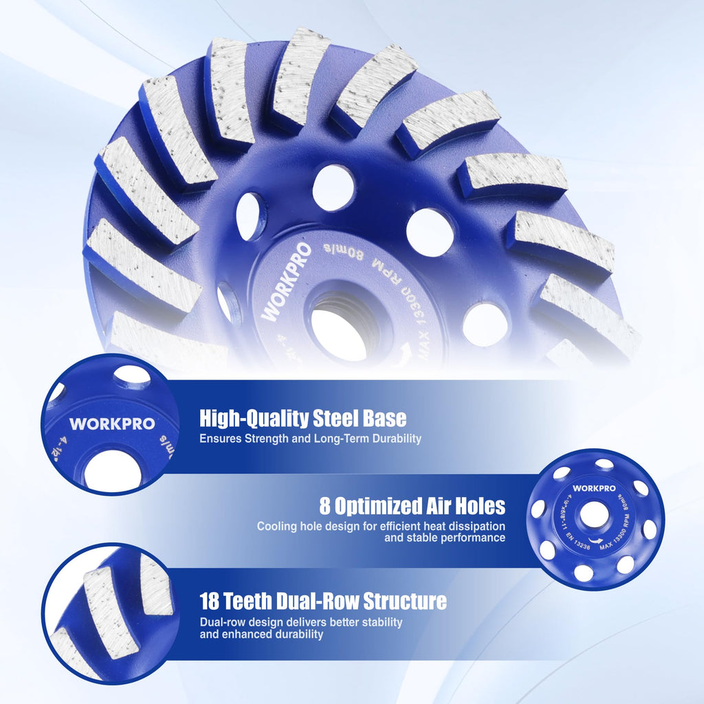 WORKPRO 4.5" Spiral Turbo Diamond Grinding Cup Wheel for Concrete