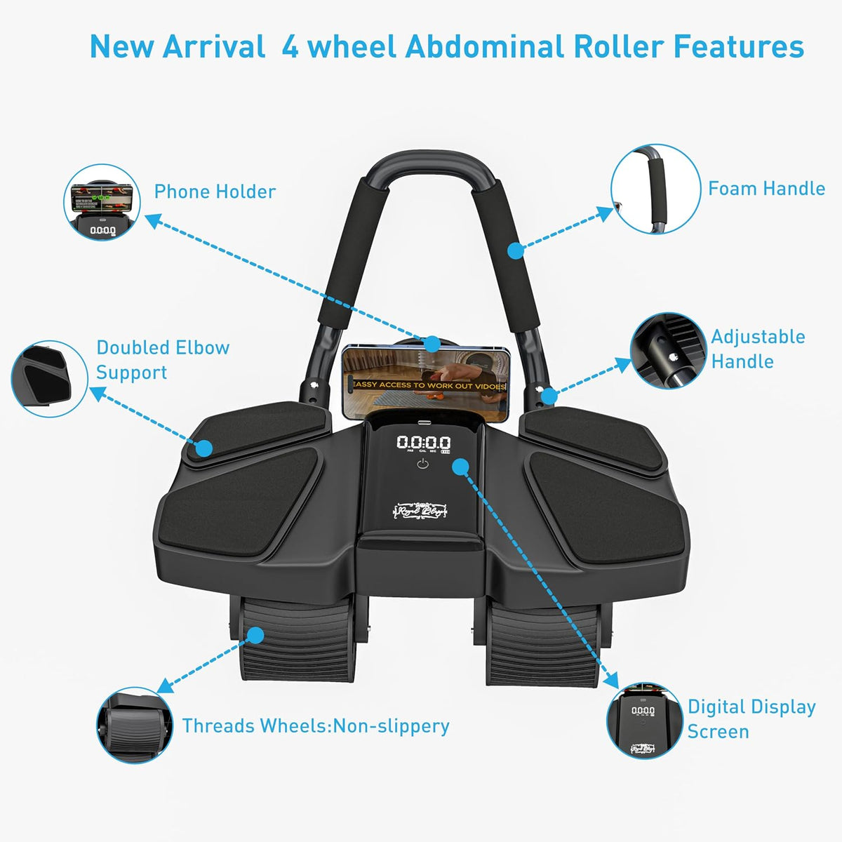 Ab Roller Home Gym Equipment – 4 Wheels Ab Wheel Muscle Roller with Automatic Rebound, Yoga Stretching Strap, 3