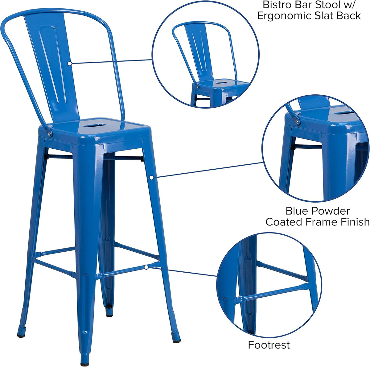 30" H Blue Metal Indoor-Outdoor Barstool with Back