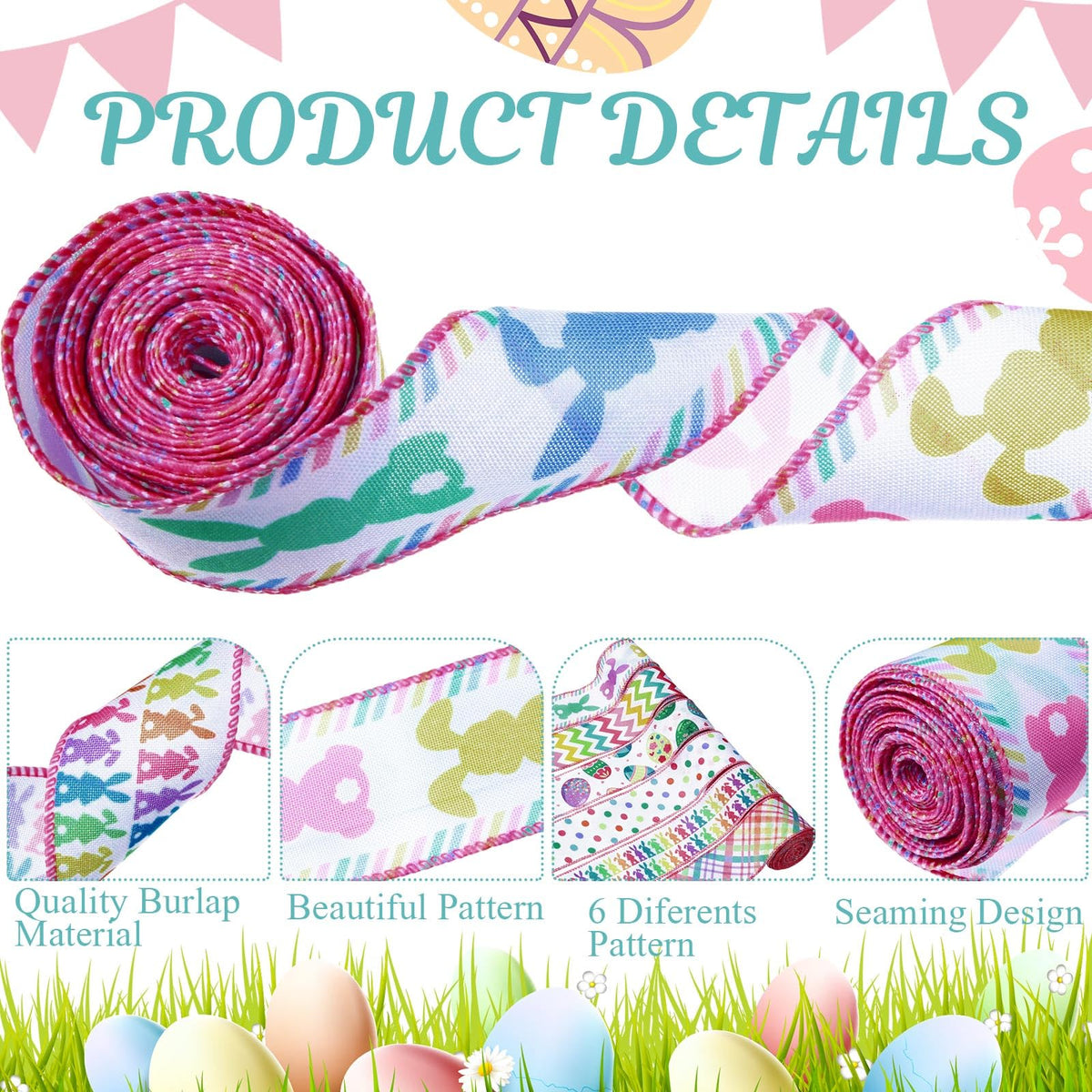 6 Rolls 30 Yards Pastel Easter Wired Ribbons Edge, 2 Inch
