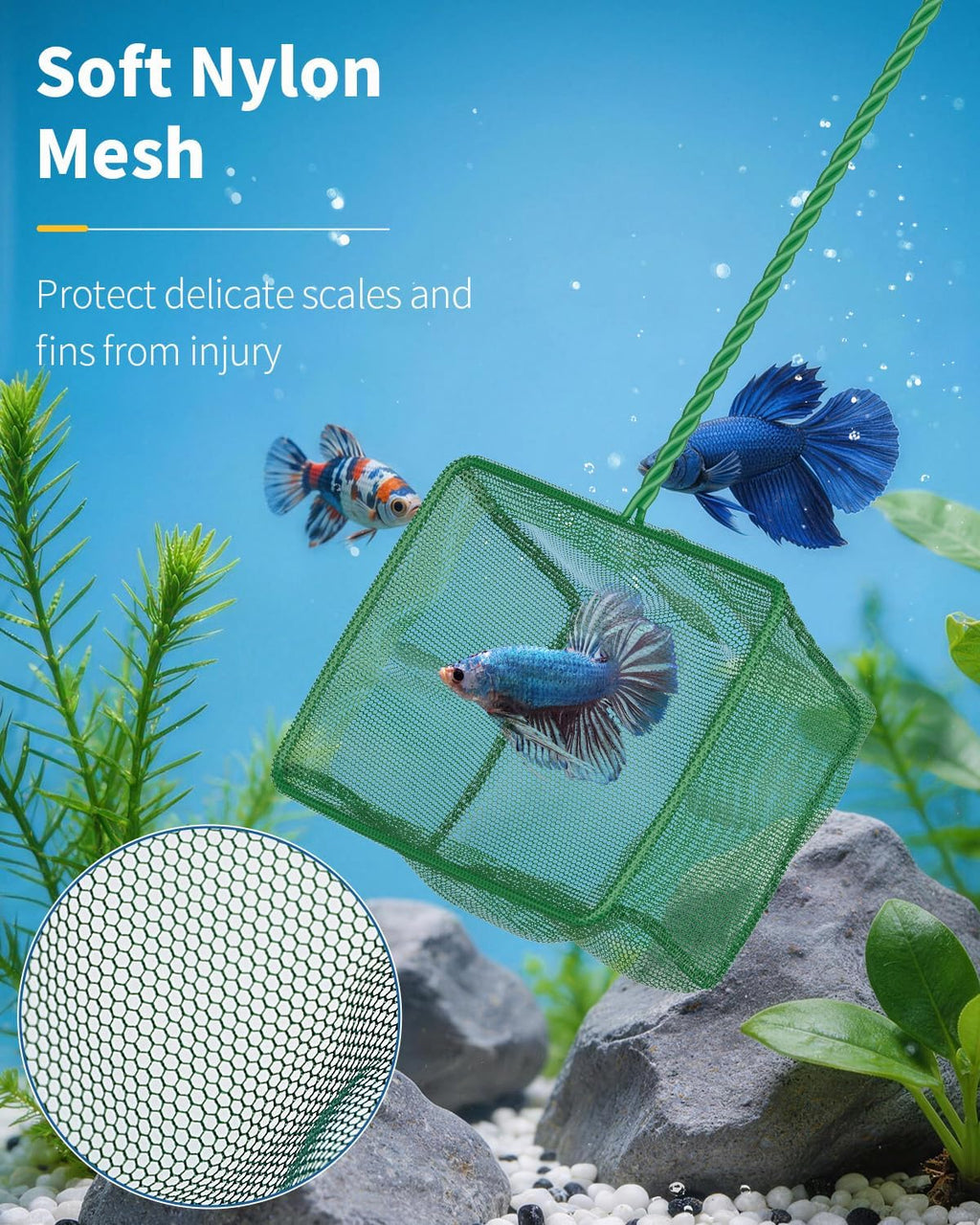 Aquarium Fish Net with Braided Metal Handle Square Net with Soft Fine Mesh Sludge Food Residue Wastes Skimming