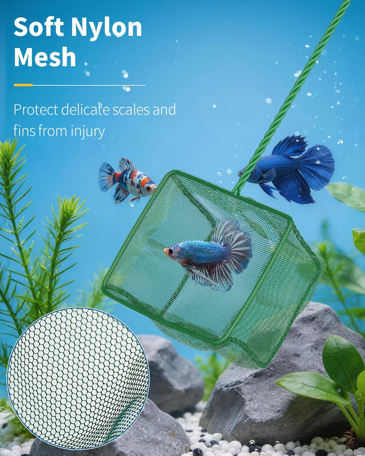 Aquarium Fish Net with Braided Metal Handle Square Net with Soft Fine Mesh Sludge Food Residue Wastes Skimming