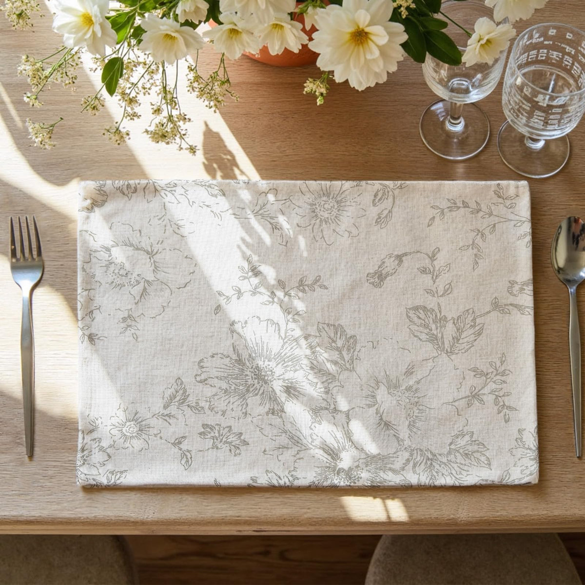 Alice Linen Floral Placemats Set of 4 Farmhouse 13x19 Inch Grey