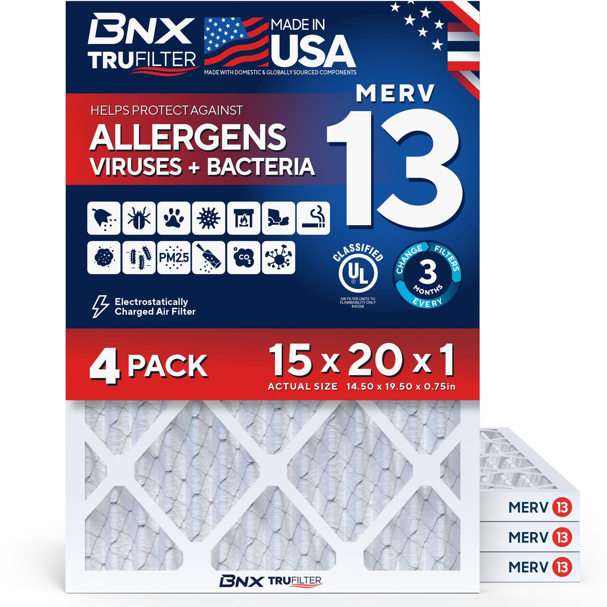 TruFilter 15x20x1 Air Filter MERV 13 (4-Pack) - MADE IN USA - Electrostatic Pleated Air Conditioner HVAC AC Furnace