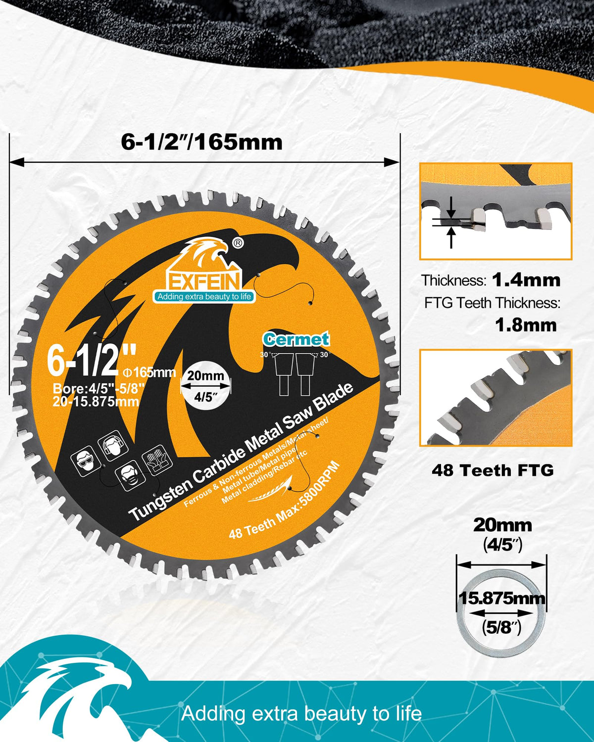 EXFEIN Metal Cutting Saw Blade 6-1/2 Inch 48T for Rebar, Angle Iron, Pipes, Channels, Ceramic Cemented Carbide with 5/8" Arbor, 2-Pack