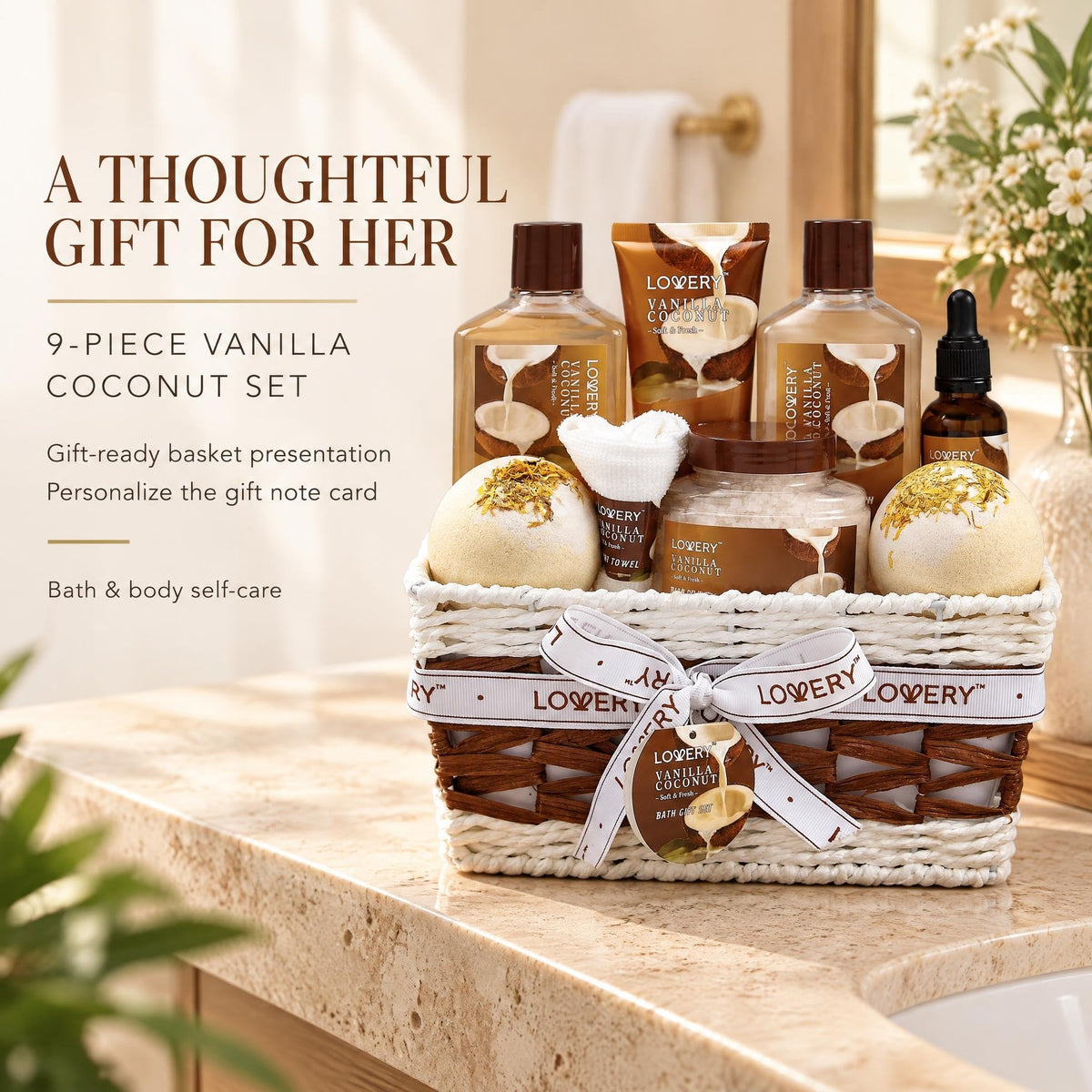Gifts For Women Gift Basket for Women– 9 Piece Set of Vanilla Coconut Home Spa Set, Luxurious Gifts for Her, Bath and