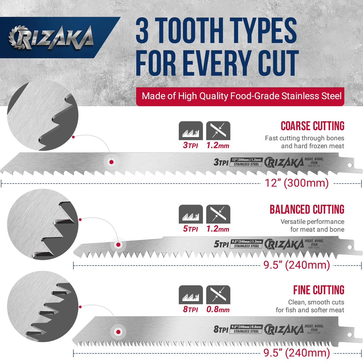 RIZAKA 6 pcs Reciprocating Saw Blades for Frozen Meat, Bone - 3/5/8TPI