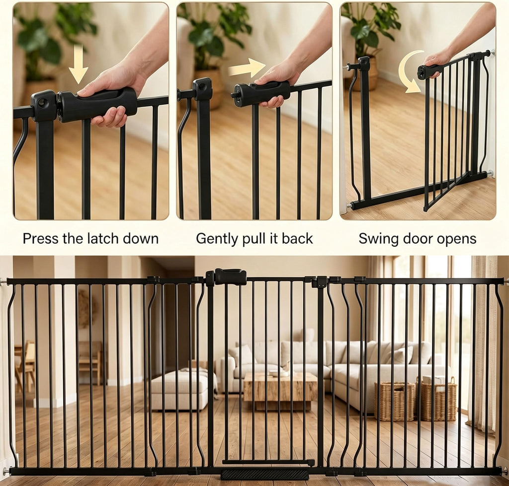 86-105" Extra-Wide Adjustable Hardware/Pressure-Mounted Pet & Child Safety Gate with Dual-Lock Walk-Through Swing Door for Stairs, Hallways & Wide Doorways