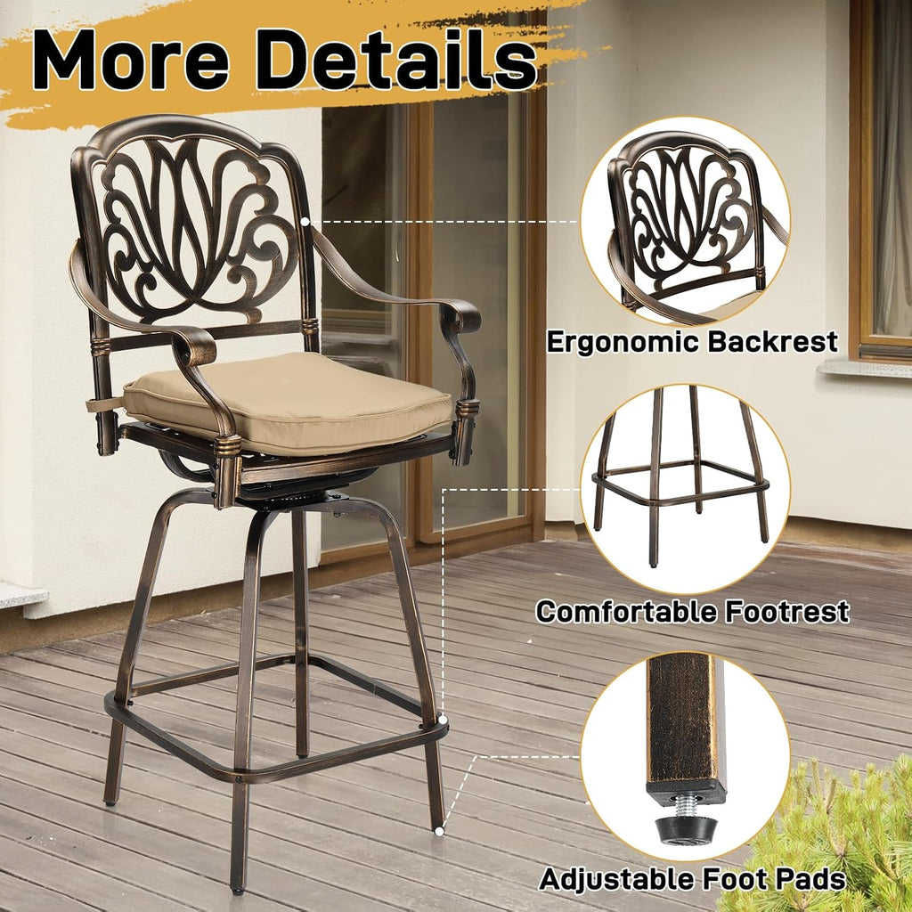 Outdoor Swivel Bar Stools Set of 2, Cast Aluminum Patio Bar Height Chairs, All-Weather Bar Dining Chairs Outdoor