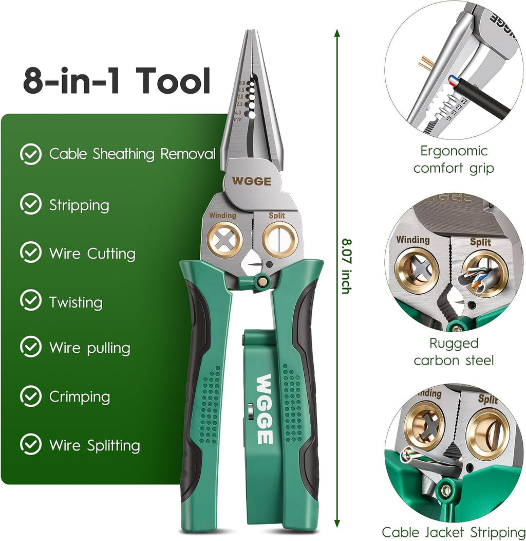 8-in-1 Wire Stripper with Voltage Detector, Cutter and Crimper | Electrical Pliers with Voltage Detection for Wire