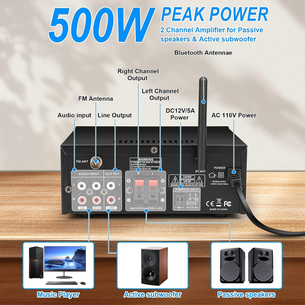 Stereo Audio Amplifier, 2 Channel 500W Bluetooth 5.0 Home Audio Stereo Receiver with FM, Echo, AUX, USB, SD, MIC