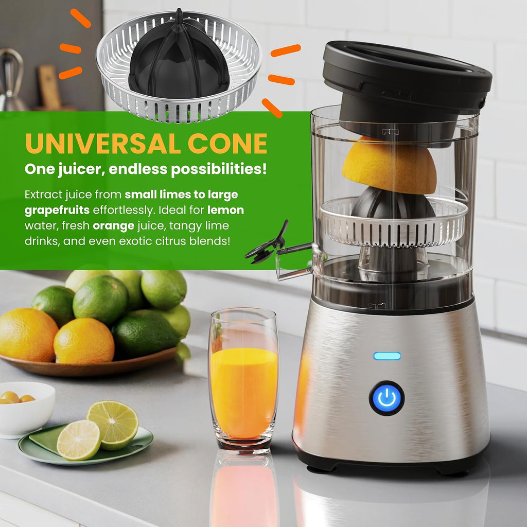 Electric Citrus Juicer Stainless Steel | Premium Hands-Free One-Touch Orange Juice Squeezer for Oranges, Lemons, and