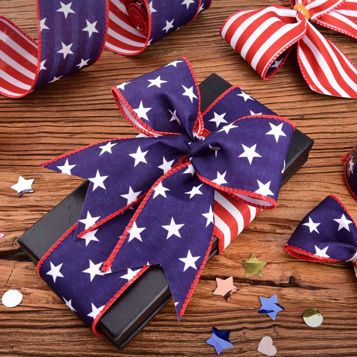 2 Rolls Patriotic Wired Edge Ribbon Stars and Stripes Reversible Ribbons Red White Blue Decorative Ribbon for 4th of
