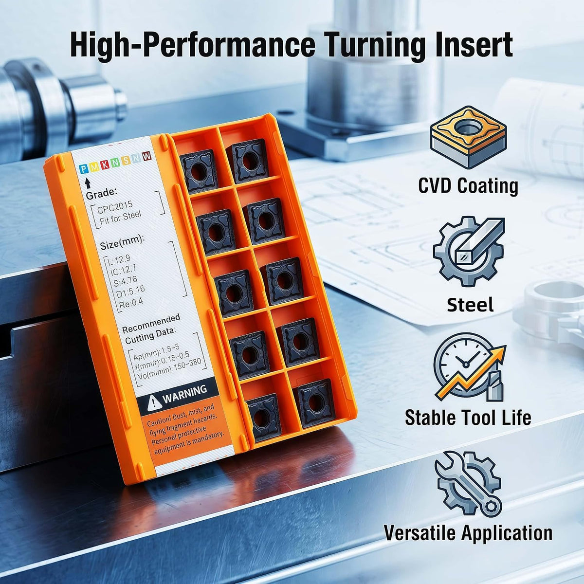 C&CINDOST CNMG120404‑PM Indexable Carbide Turning Inserts Grade CPC3015, CNC Lathe Cutting Tool Inserts with‑PM Chip Breaker for Steel Semi‑Finishing Machining