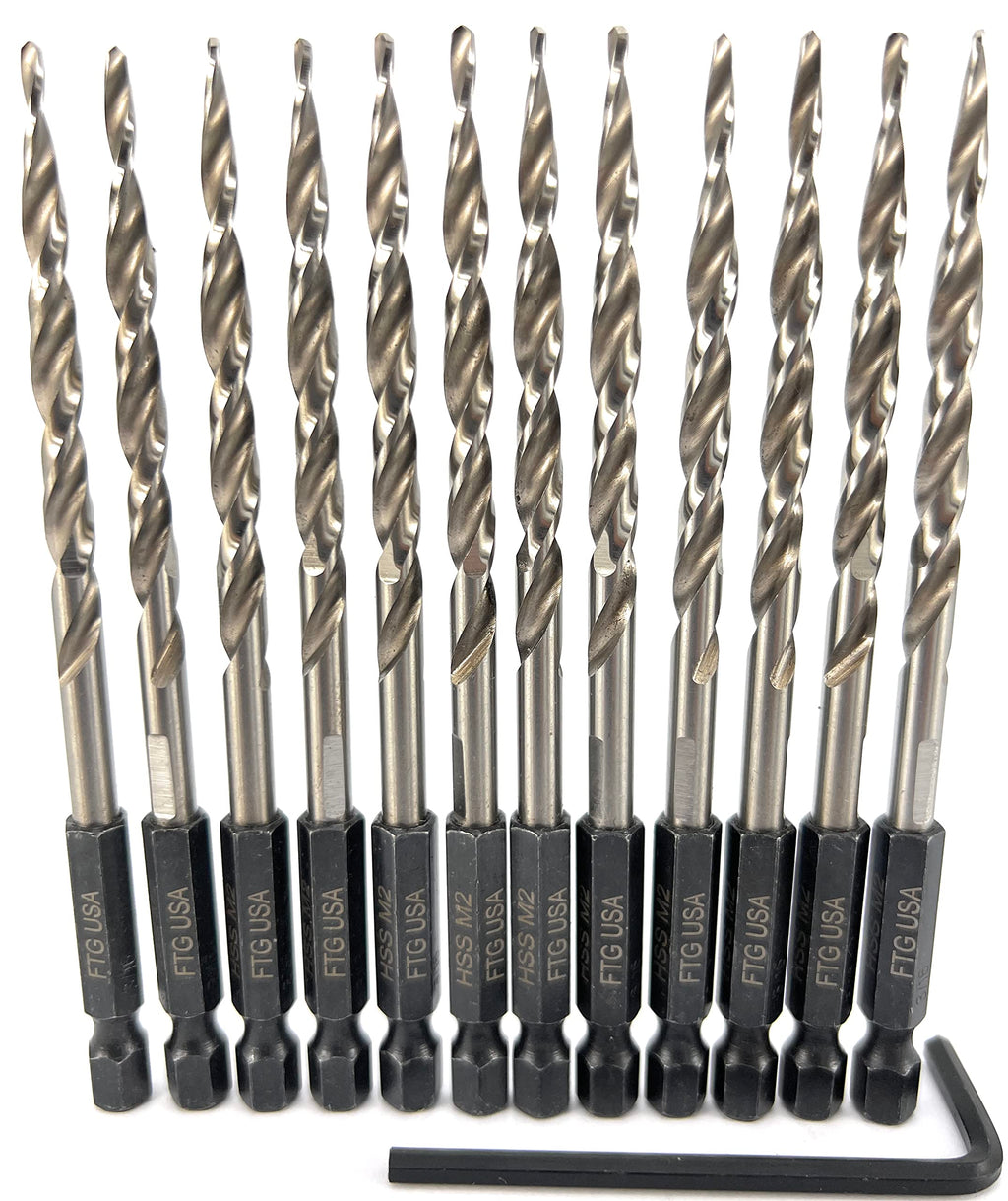 FTG USA Tapered Drill Bits for Wood 12 Pc #10 (3/16") All Same Size Replacement for FTG Countersink Drill Bit Set