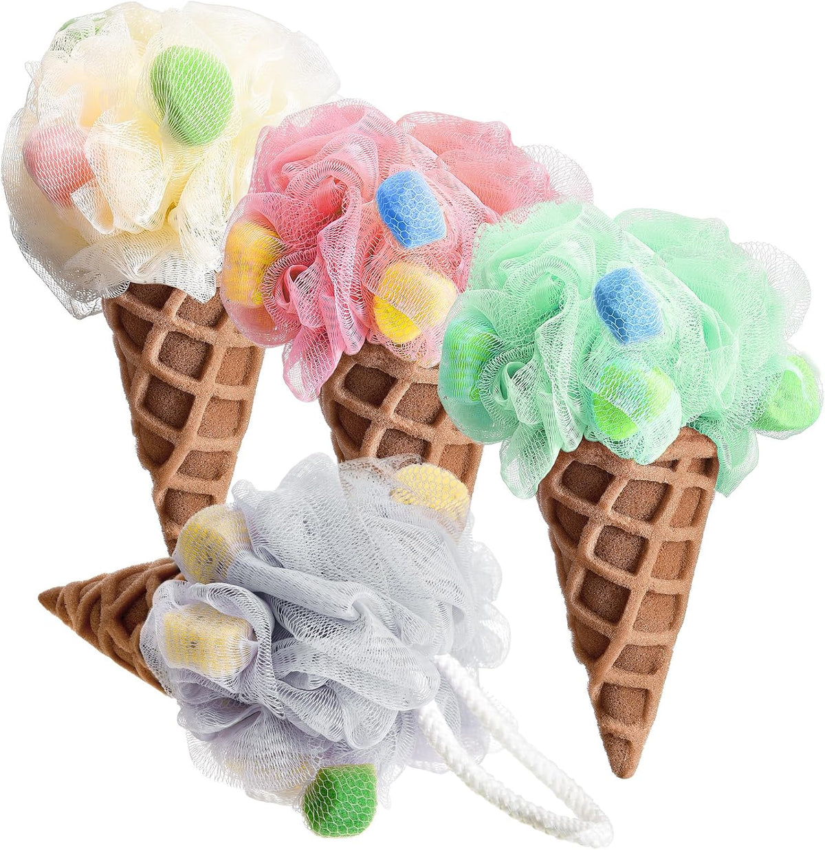 4 Pieces Kids Loofah Ice Cream Cone Bath Sponge Kids Bath Shower Sponge Body Scrubber Exfoliating Loofah for Spa Shower