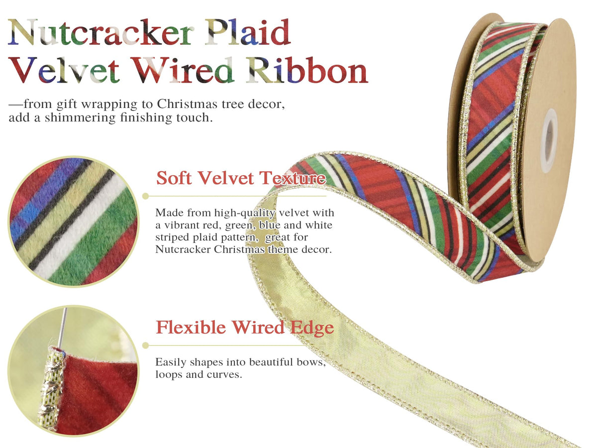 Diagonal Nutcracker Plaid Wired Ribbon 1 inch Continuous 10 Yards