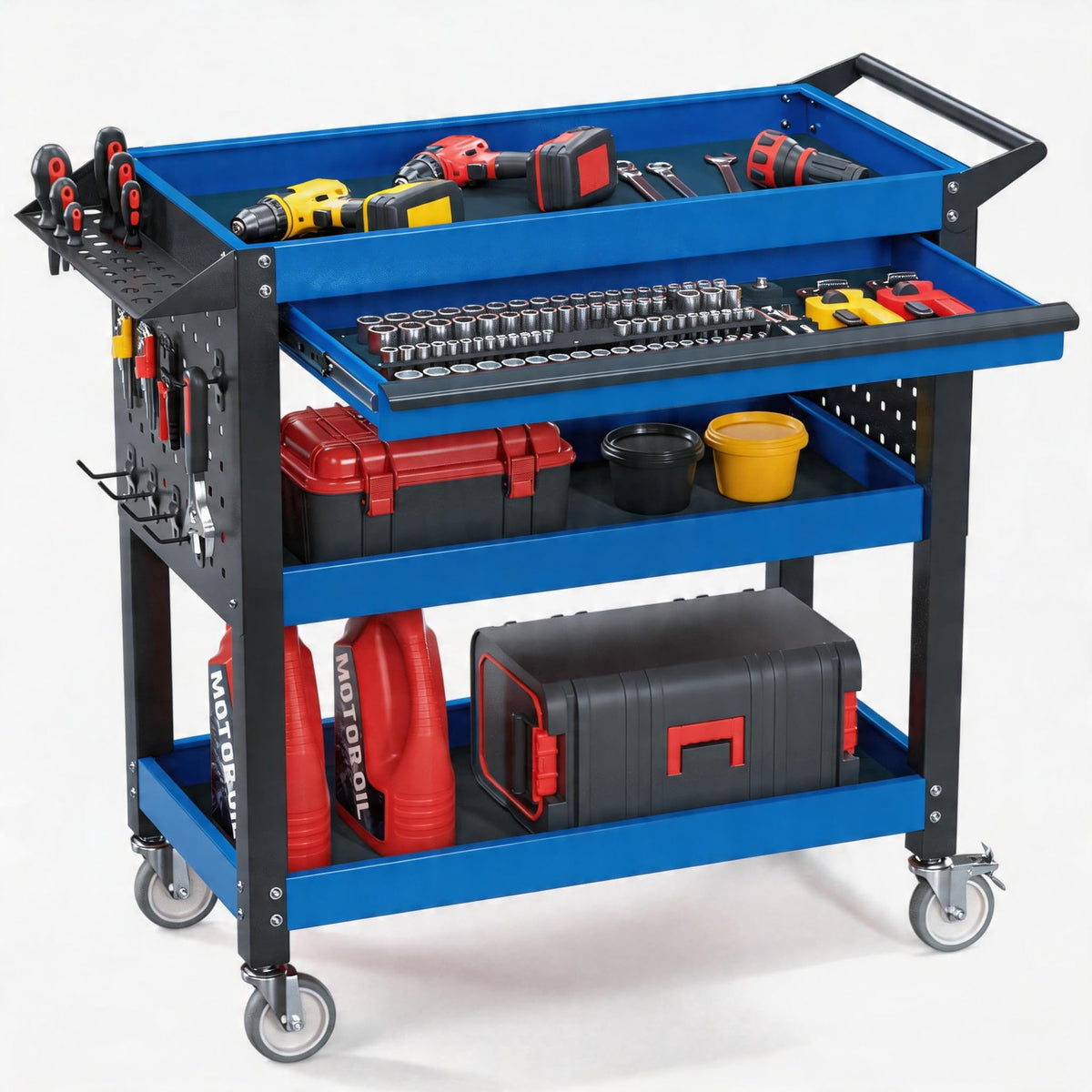 3-Tier Heavy Duty Metal Rolling Tool Cart with Drawers, Blue Black