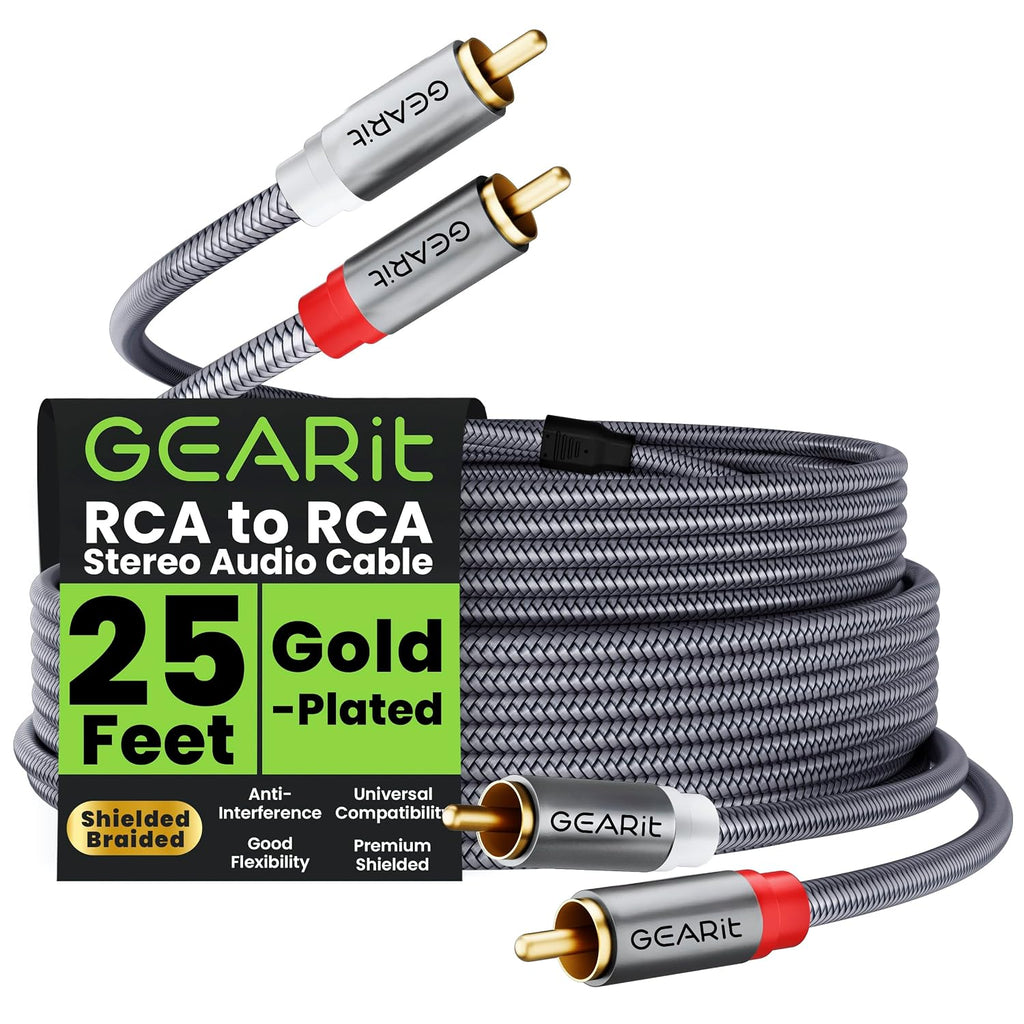 RCA Cables 25 ft, RCA Cables Car Audio with Dual Shielding & Gold-Plated Connectors, RCA Cable for Subwoofer Cable