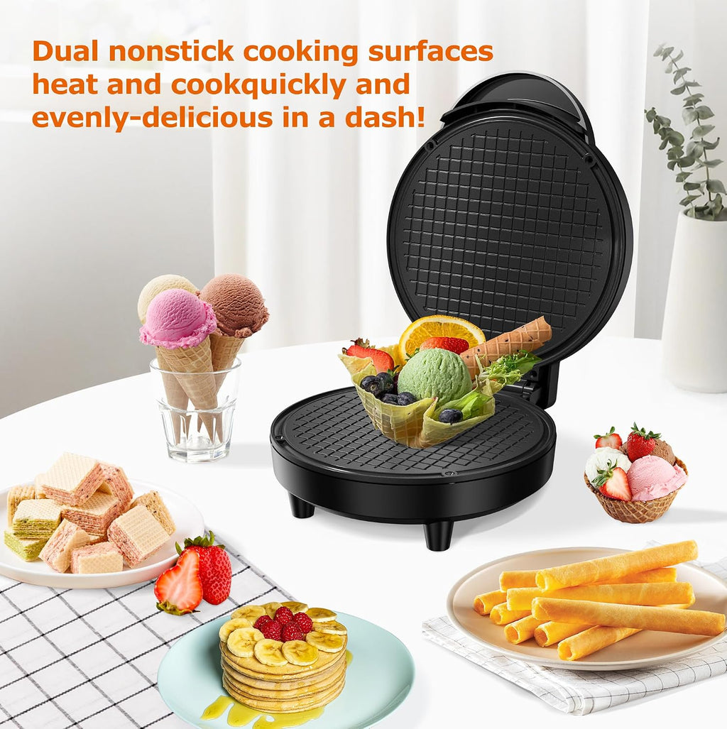 Waffle Cone Maker, 750W Thin Waffle Maker (Ice Cream Cone) with Shaper Roller, 7.08" Nonstick Plate
