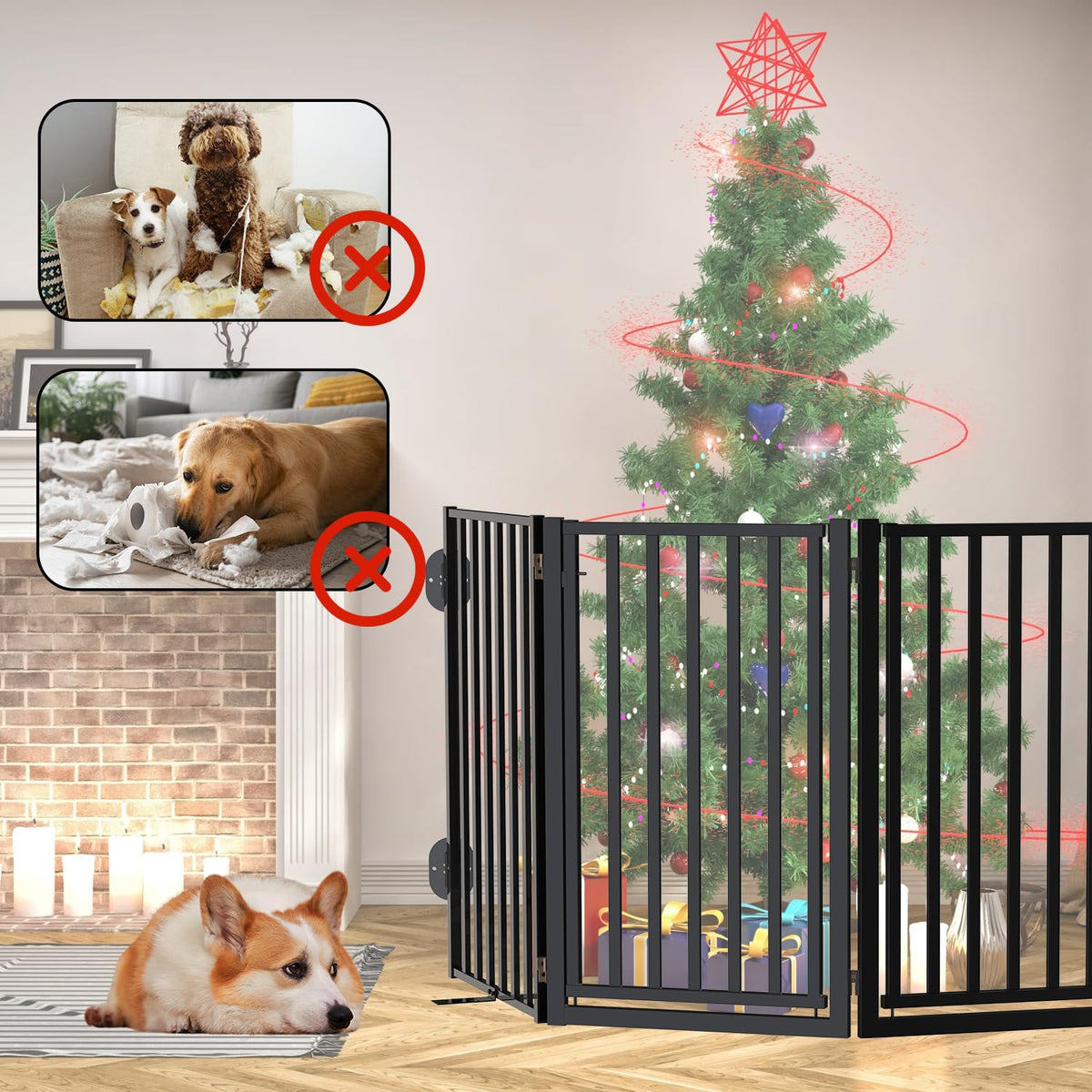 32" Tall 8-Panel Freestanding Heavy-Duty Steel Folding Pet & Dog Barrier Gate with Walk-Through Swing Door for Wide Indoor Openings, Hallways & Stairs