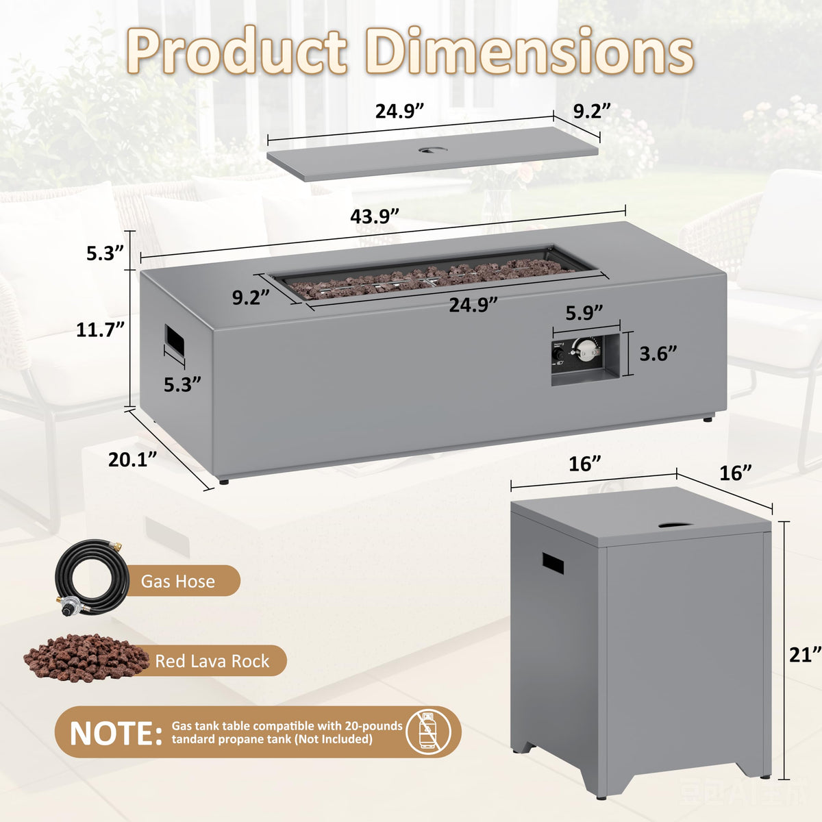 43.9" Fire Pit Table, 50,000 BTU with Lava Rocks, Gray