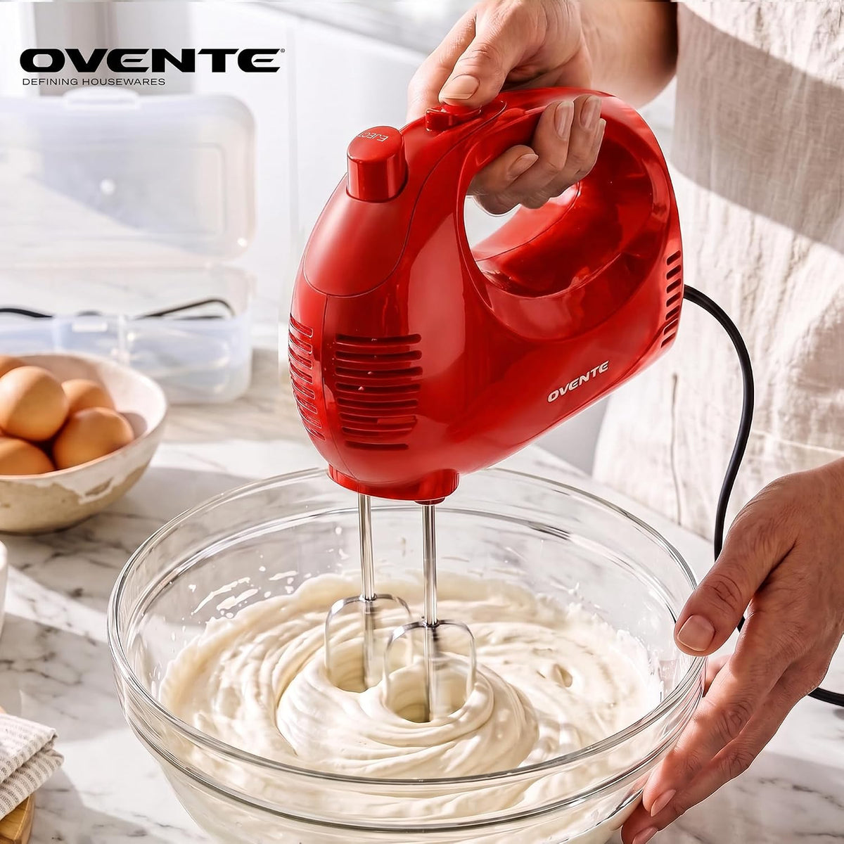 5-Speed Electric Hand Mixer with Storage Case,150W, Red HM151R | Stainless Steel Whisks, Compact Portable Design