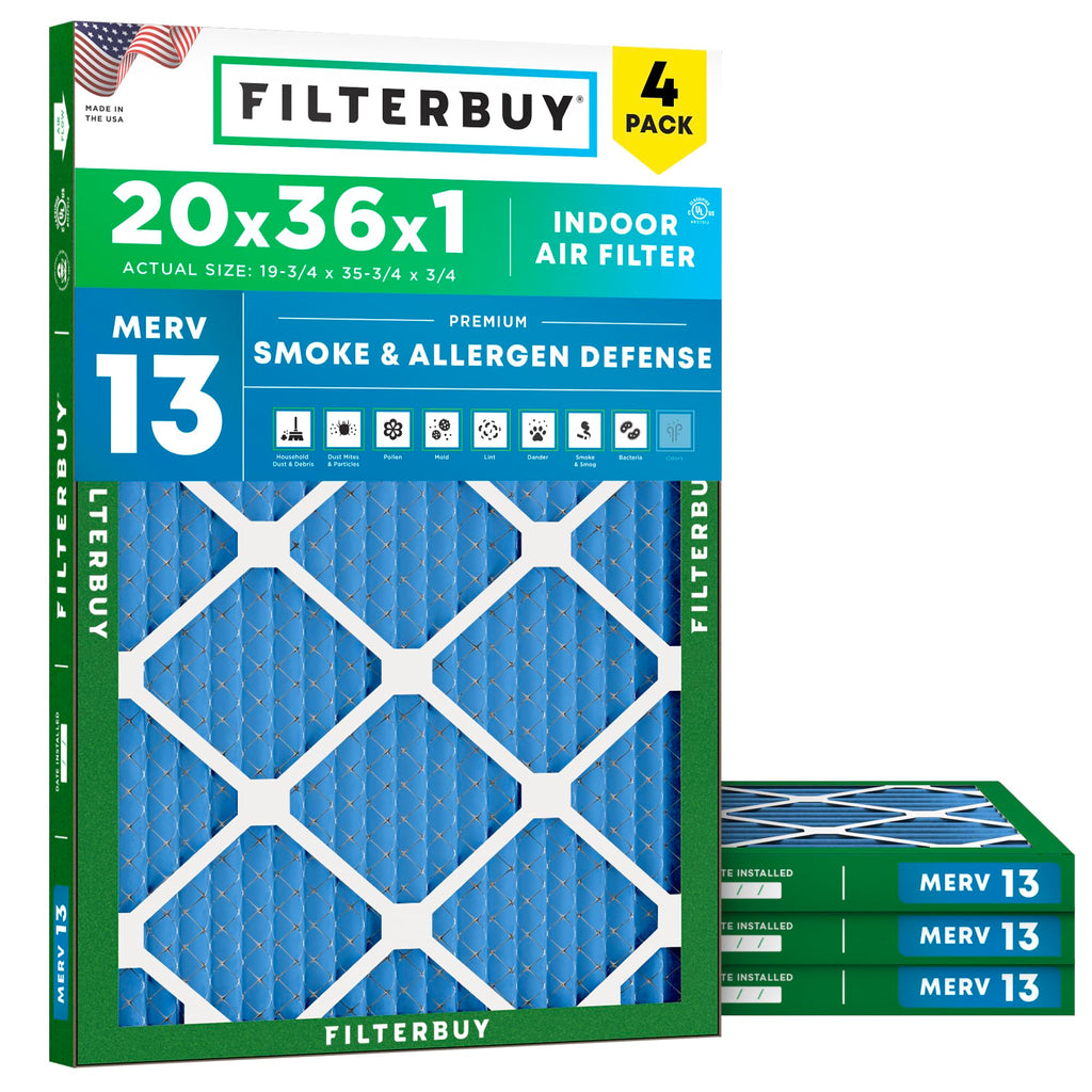 20x36x1 Air Filter MERV 13 Smoke & Allergy Defense (4-Pack)