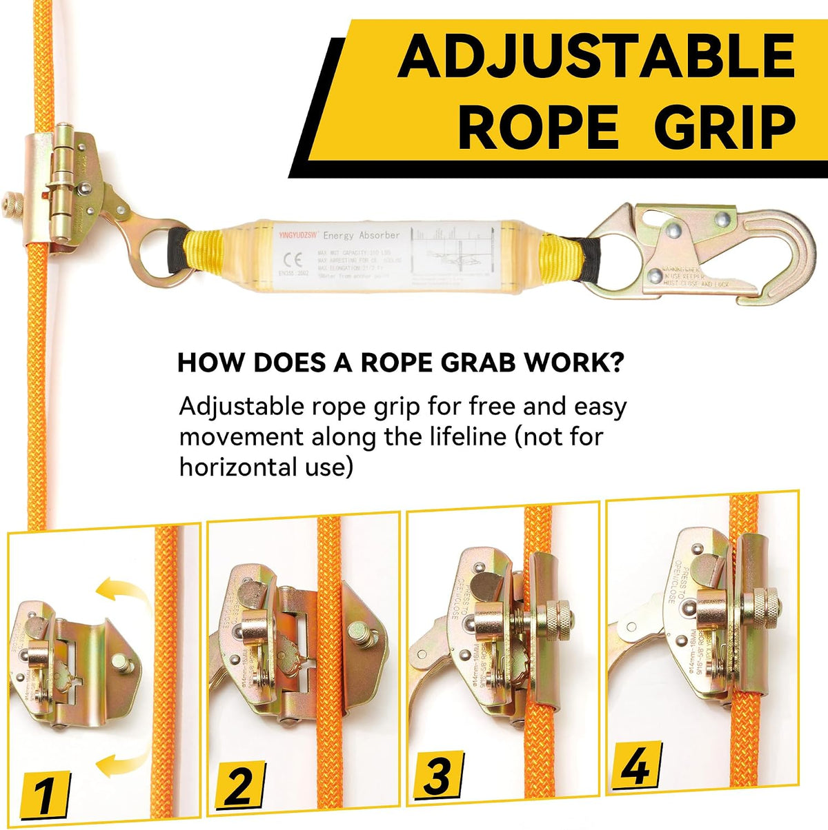 Fall Protection Safety Rope 50FT Roofing Harness Safety Lanyard | Tree Climbing Line Kit with Alloy Steel Grab Snap
