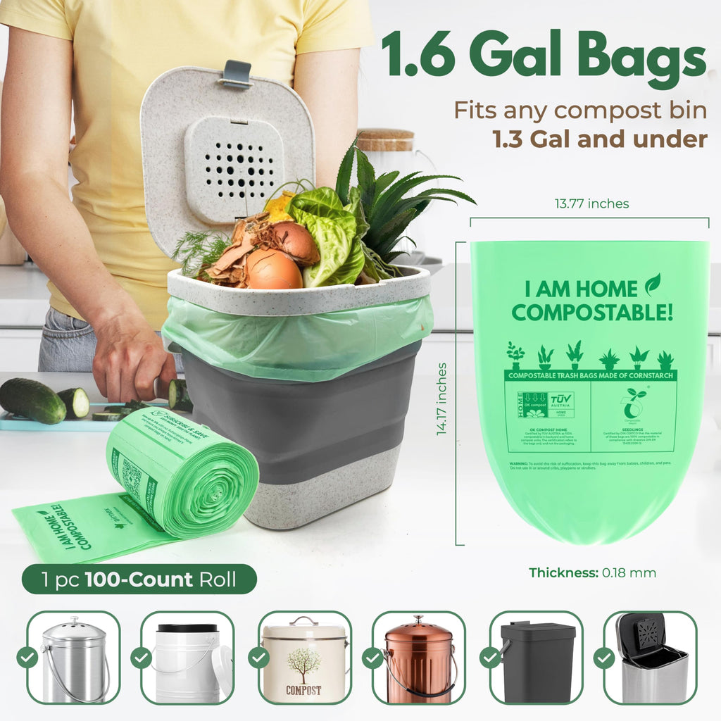 Small Compost Bags 1.6 Gal - 100 Compostable Kitchen Trash Bags for Countertop Bin - Cornstarch Leakproof &