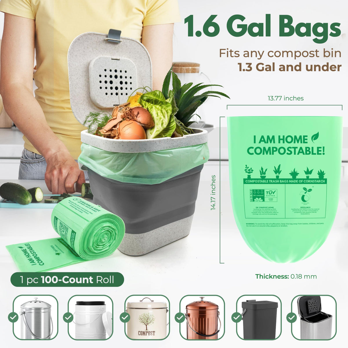 Small Compost Bags 1.6 Gal - 100 Compostable Kitchen Trash Bags for Countertop Bin - Cornstarch Leakproof &