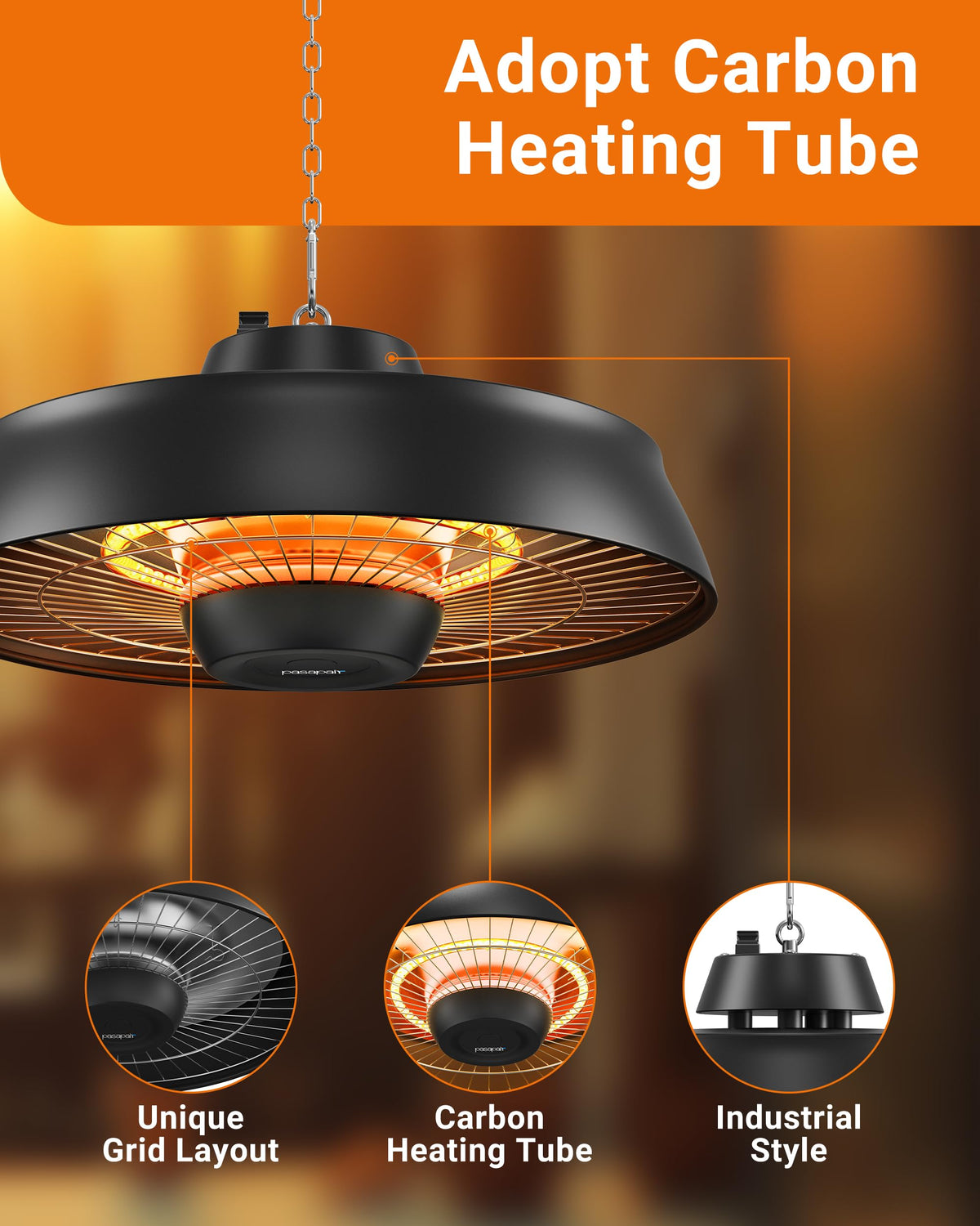 1500W Carbon Infrared Hanging Patio Heater, 3-Second Warmth, Black