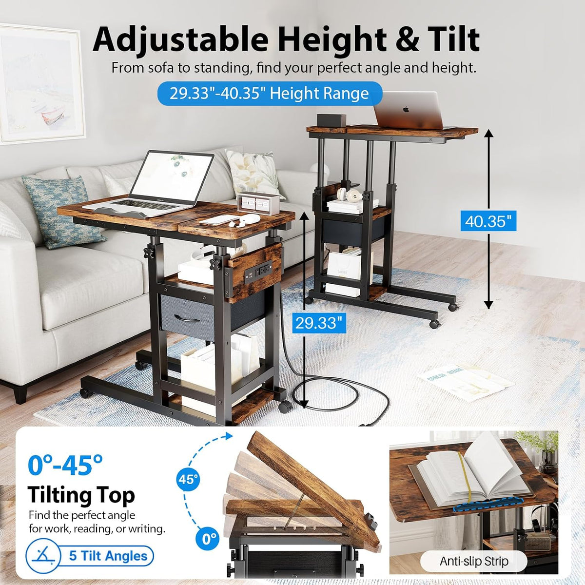 Adjustable Overbed Bedside Table with Wheels, Charging Station