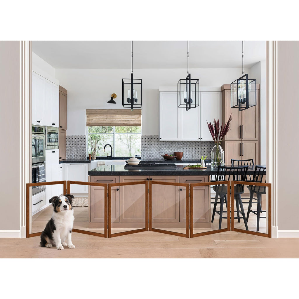 Clear Acrylic Freestanding Indoor Pet Barrier Gate with Modern Folding Frame for Wide Doorways, Hallways & Stairs