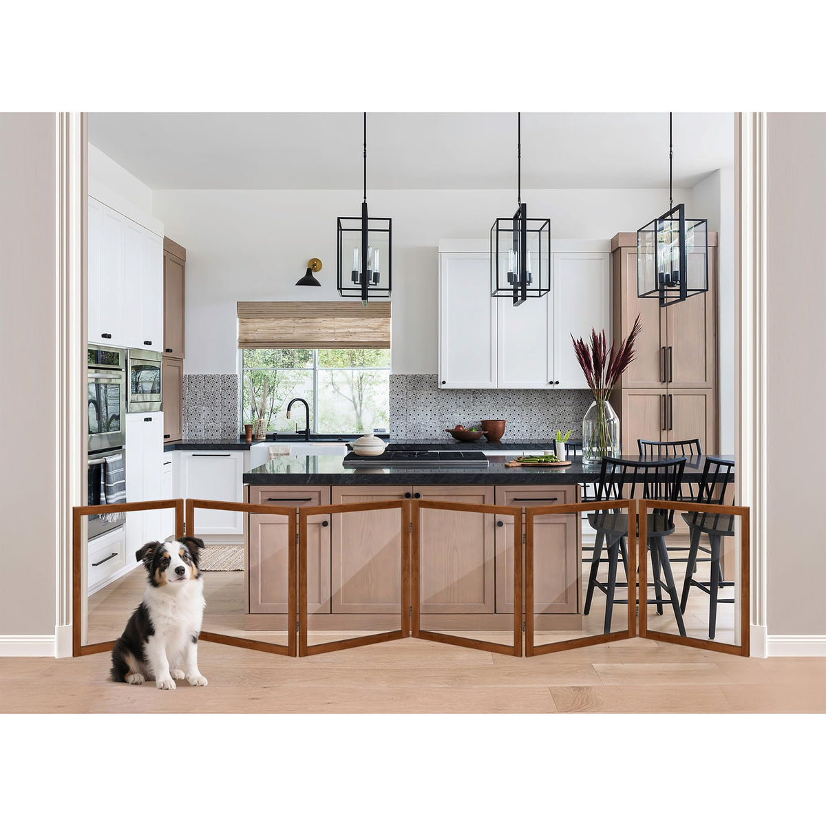 Clear Acrylic Freestanding Indoor Pet Barrier Gate with Modern Folding Frame for Wide Doorways, Hallways & Stairs