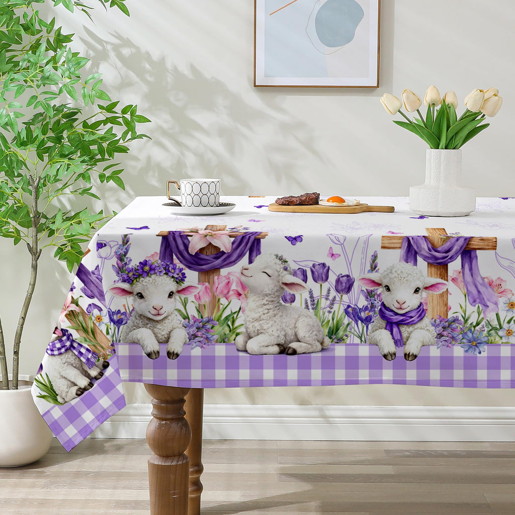 Easter Tablecloth 60x84 Inch Rectangle - Cross and Lamb Easter Decorations for The Home - Purple Plaid Floral Table