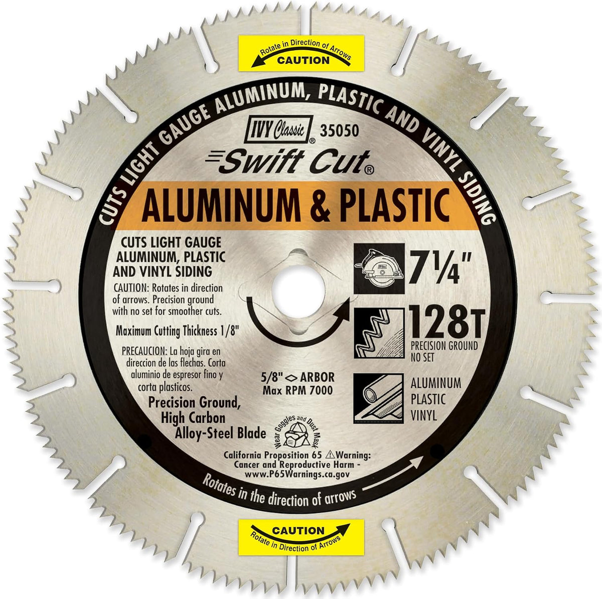 IVY Classic 35050 Swift Cut 7-1/4"128 Tooth Aluminum & Plastic Cutting Circular Saw Blade with 5/8" Diamond Knockout Arbor, 1/Card