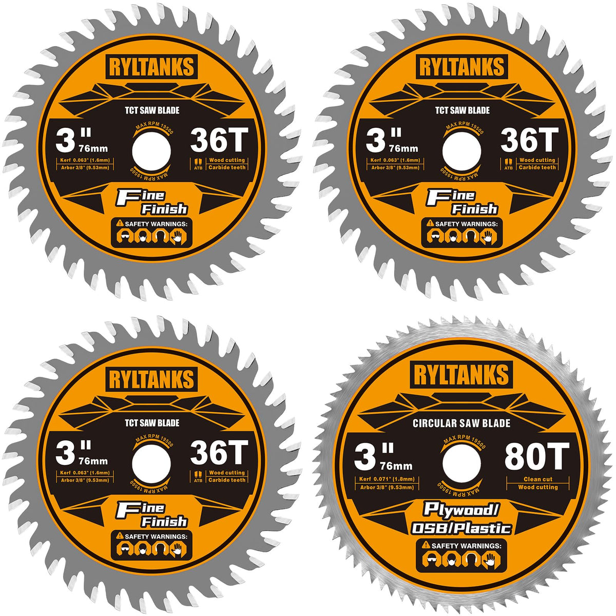 Ryltanks 3 Inch Circular Saw Blade 36T&80T Combo Set with 3/8" Arbor 4-Pack
