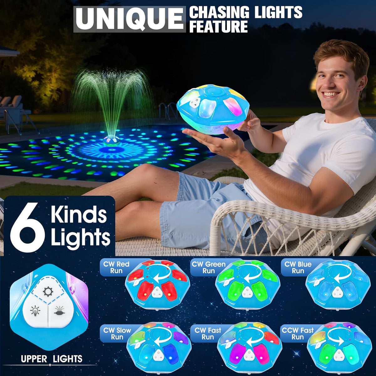 9000mah Rechargeable Floating Pool Fountain with Light Show & Anchor -1PC | Upgraded Pool Fountain,Pool Water