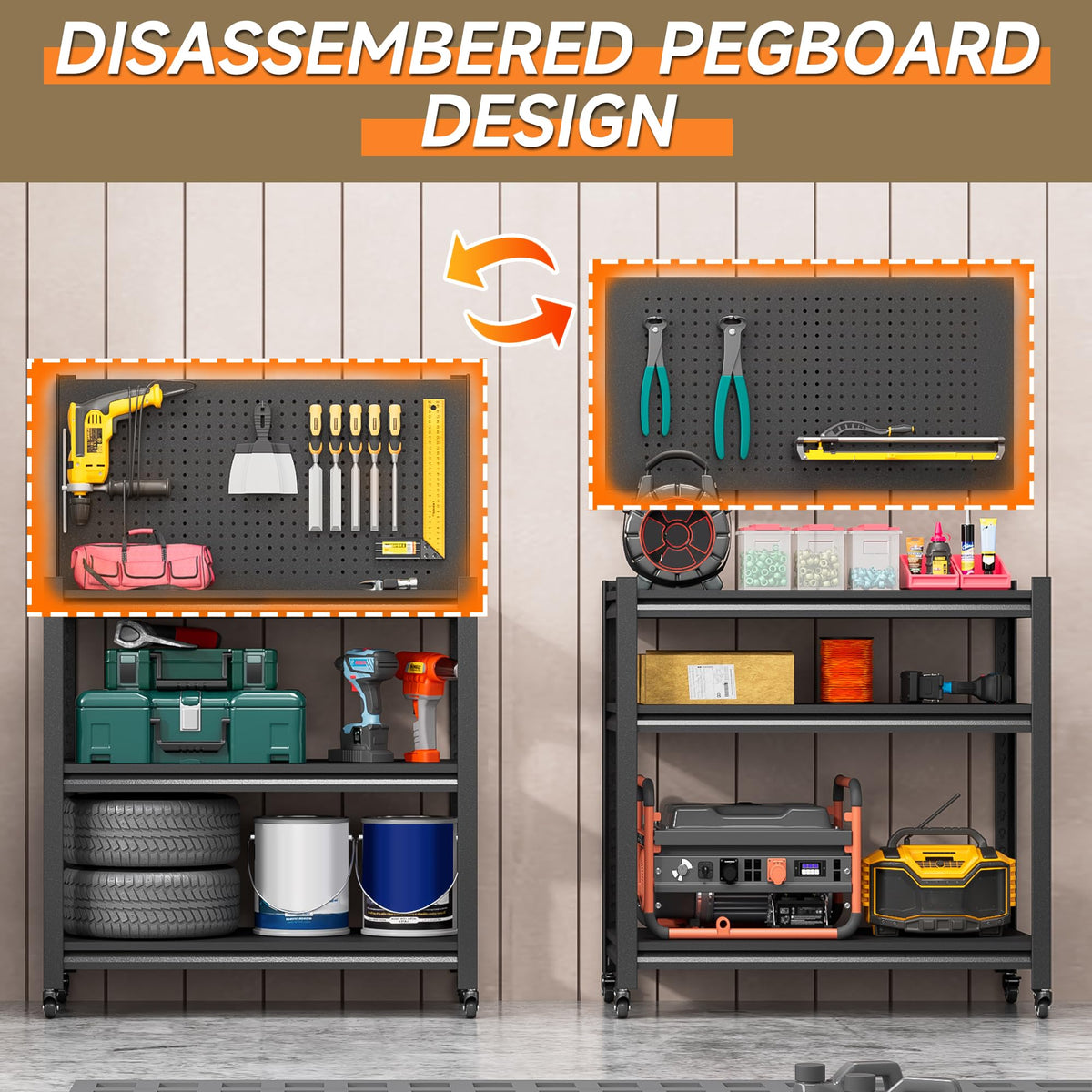 Workbench with Pegboard, Adjustable Heavy Duty Work Table with Wheels, Heavy Duty Workstation, Metal Tool Work Bench