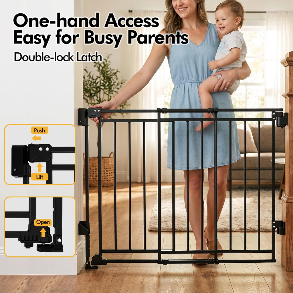 39" H x 32-54" W Extra-Tall & Extra-Wide Adjustable Hardware/Pressure-Mounted Pet & Child Safety Gate with Dual-Lock Walk-Through Swing Door for Stairs, Hallways & Wide Doorways — Black