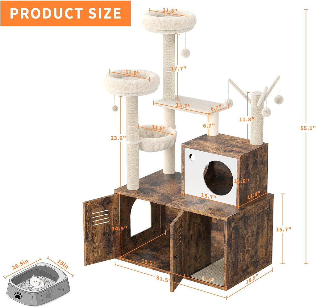Hidden Cat Litter Box Enclosure with Tree Tower and Condo - 55 Inch Multi-Level Cat Condo with Soft Plush