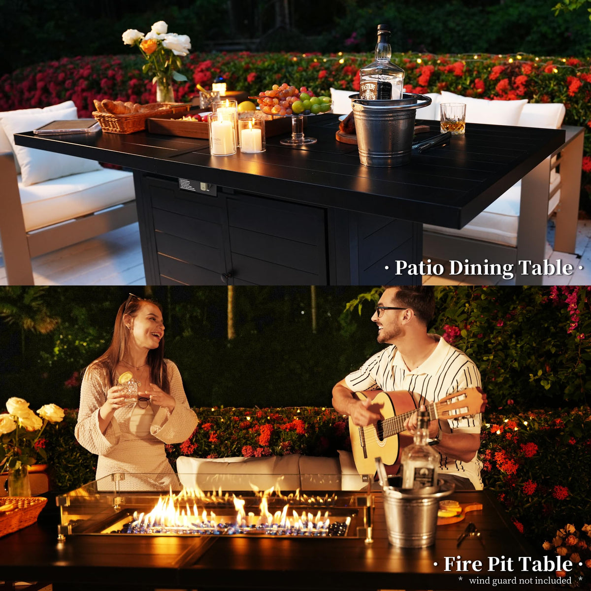 7 Pcs Outdoor Furniture Set w/ 60" Firepit and 6 Pieces Patio Chairs, 50,000 BTU Aluminum Gas Fire Table and