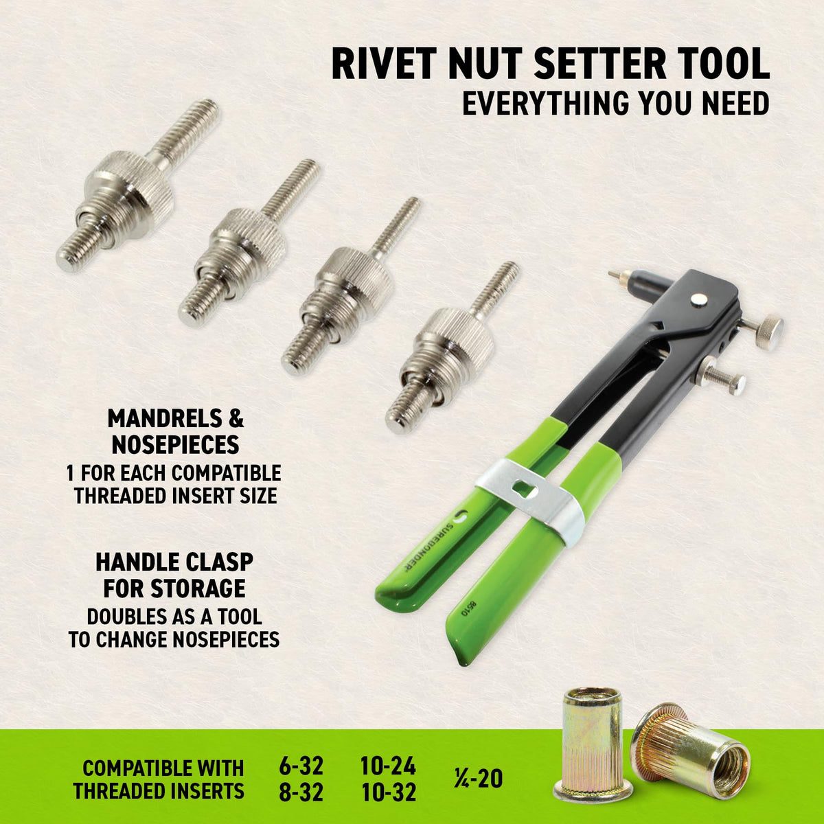 Surebonder Threaded Insert Tool for Metal, Fiberglass, Plastic - Includes 5 Sizes of Threaded Mandrels & Nose Pieces (8510)