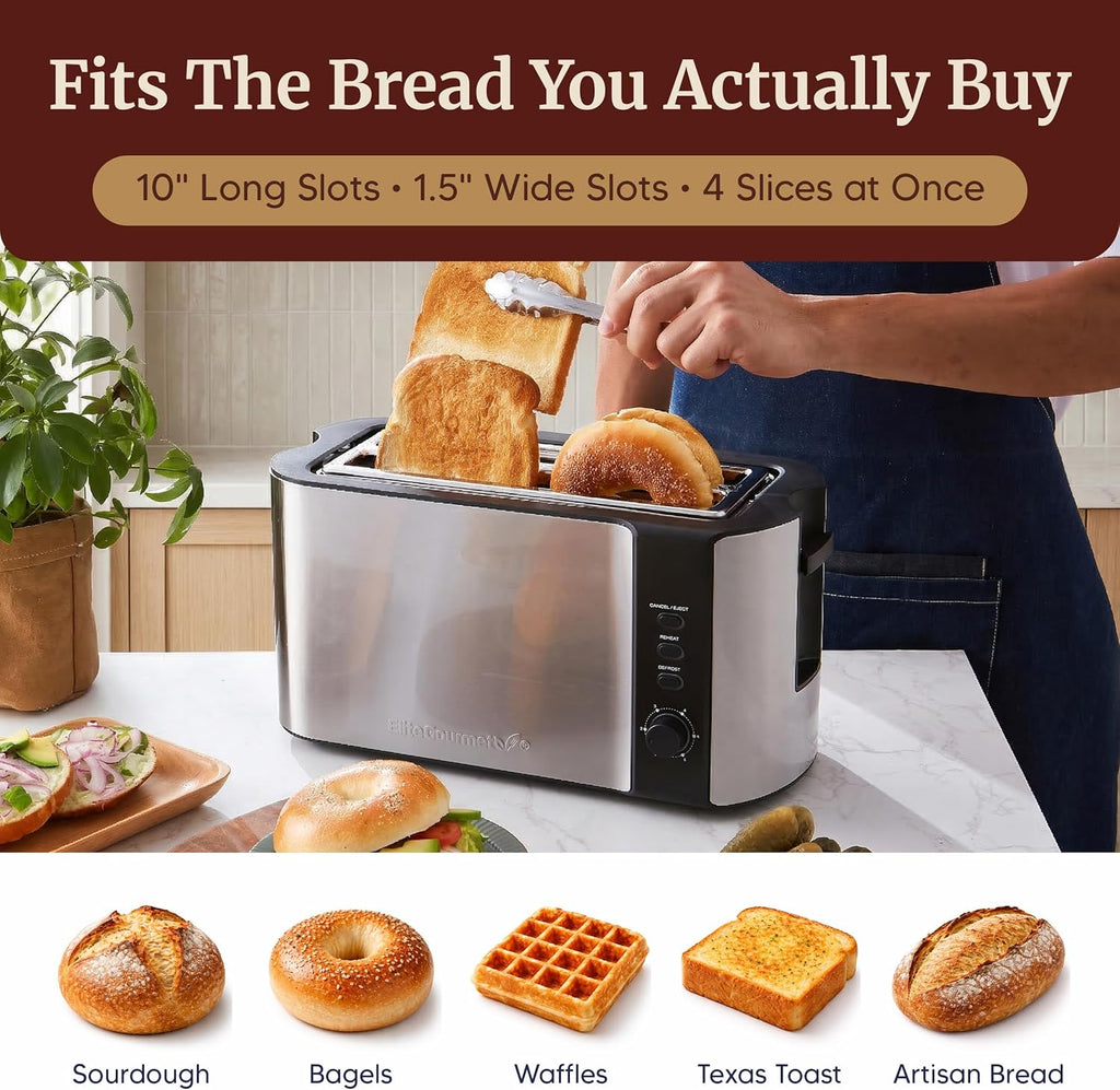 ECT-3100 4-Slice Long Slot Toaster, Stainless Steel | Extra-Wide Slots Fit Bagels, Sourdough & Texas Toast, 6