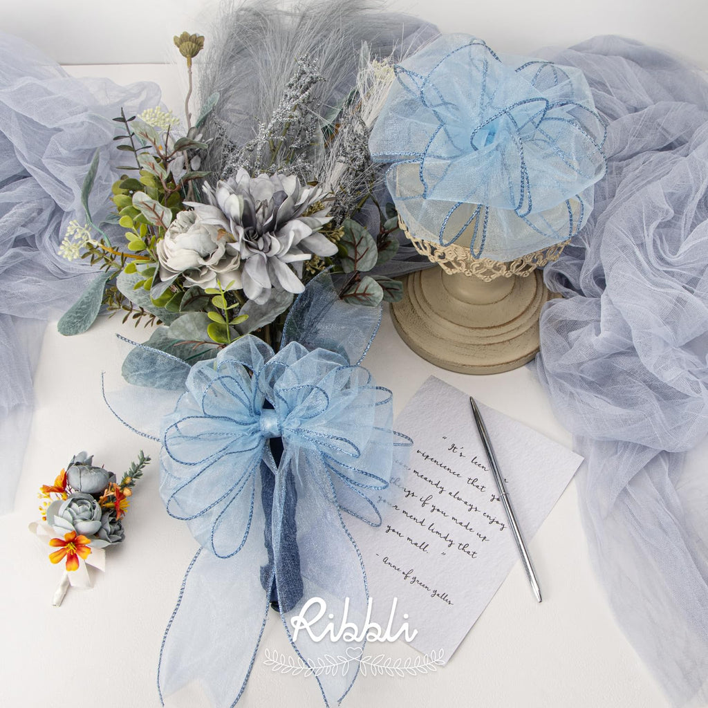 Blue Organza Wired Ribbon, Baby Blue Sheer with Metallic Edge