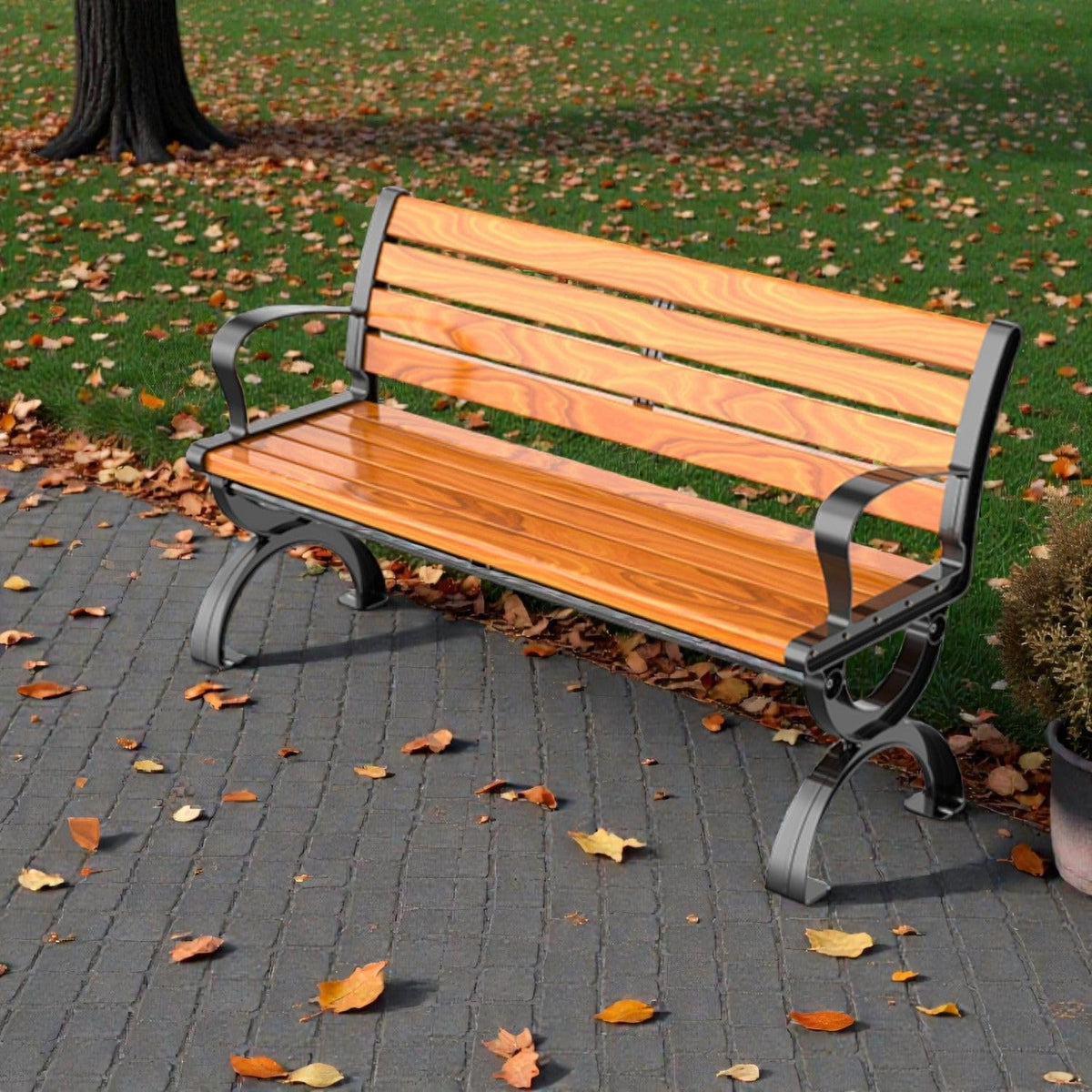 Heavy-Duty Outdoor Bench, Waterproof Park Bench Backyard Patio Garden Seating with Backrest Armrest, Wooden Slat with