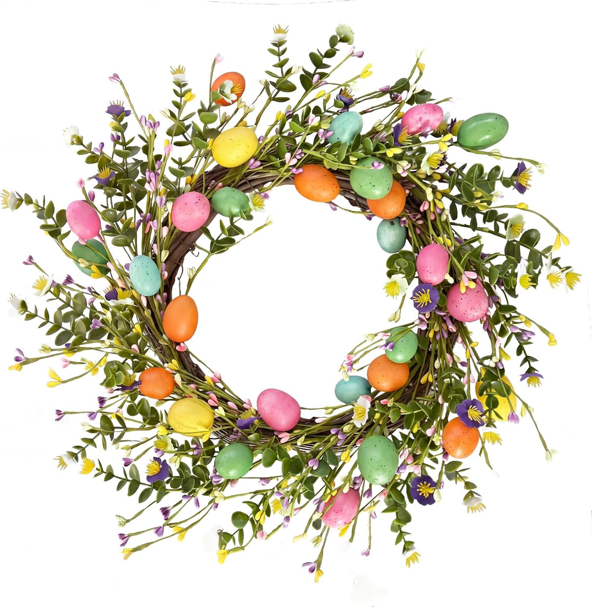 20" Easter Wreath for Front Door Decoration, Artificial Spring Wreath with Flowers and Colorful Easter Eggs, Easter